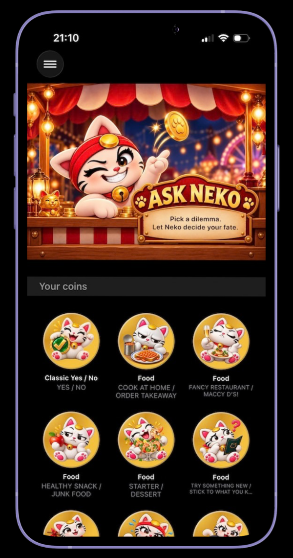 Ask Neko collectible coin selection